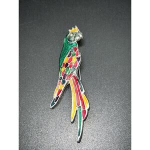 Vintage Enamel Macaw Parrot Tropical Bird Brooch 3” Silver Tone
